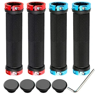 Image of QitinDasen 2 Pairs Bike Handlebar Grips, Non Slip Rubber Bicycle Handle Grips with Aluminum Double Lock, Protector for MTB BMX (Blue + Red)
