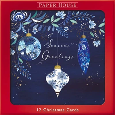 Image of Box of 12 Baubles &amp; Wreath Luxury Foiled Christmas Cards in 2 Designs Boxed Xmas XOM0001