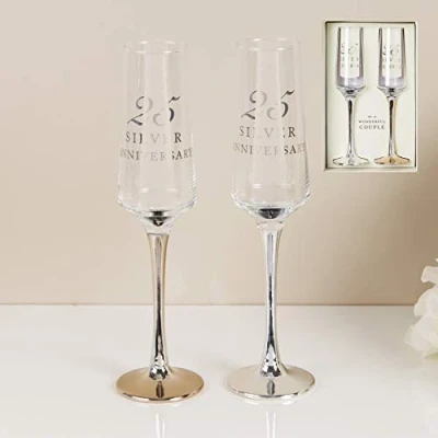 Image of CC Personalised Amore Set of 2 silver 25th Wedding Anniversary Straight Champagne Flutes with stems Add Your Own Message (Not Personalised)