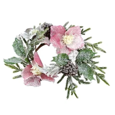 Image of Gisela Graham 24 Centimeter Pink and White Snowy Hellebore Fir Candle Ring