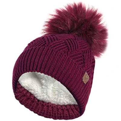 Image of RockJock Ladies Warm Chunky Diamond Cable Knit Hat with Thermal Teddy Fleece Lining and Detachable Faux Fur Pompom Burgundy