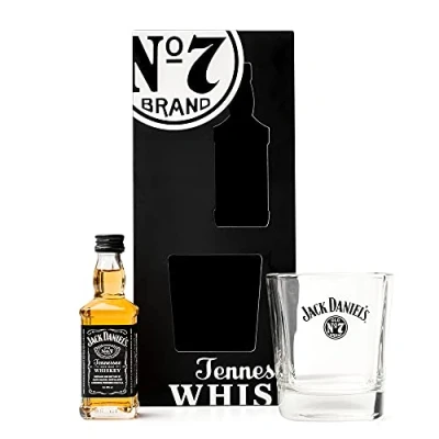 Image of Jack Daniels Gift Set Mini Whisky 1x 5cl JD Old No7 Alcohol Miniatures, Tennessee Whiskey Glass Birthday Gifts for Men, Boyfriend Him, Christmas