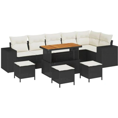 Image of vidaXL 10 Piece Garden Sofa Set with Cushions Black Poly Rattan Acacia
