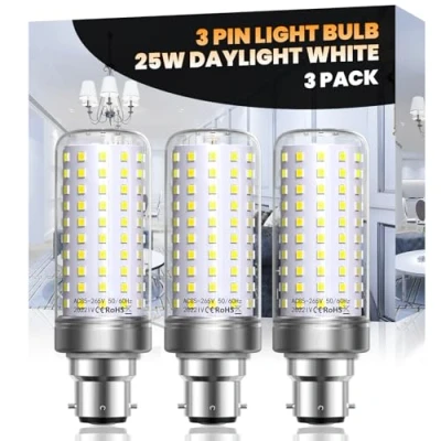 Image of Lamptobe 25W BC3 3Pin LED Light Bulb, Energy Saving 3 pin Bayonet Bulb 200W Equivalent, 6000K Daylight White, Non Dimmable, Pack of