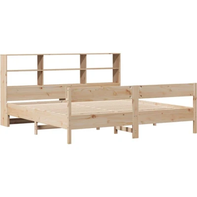 Image of vidaXL Bookcase Bed with Storage Headboard Solid Pinewood, Brown, 200x200 cm Slatted Base Bedroom Furniture