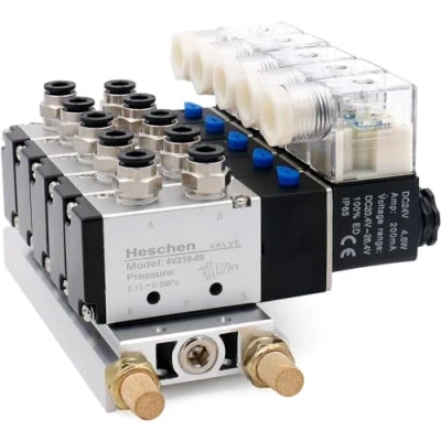 Image of Heschen Electrical Pneumatic 5 Solenoid Valve, 4V210 08, DC24V, PT1/4&#039;&#039;, Way 2 Position, Manifold Base Muffler Quick Fittings Set