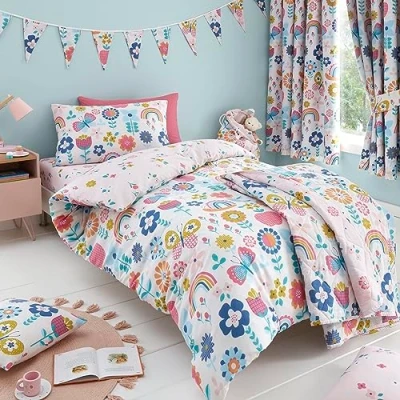 Image of Happy Linen Company Girls Boys Kids Flower Garden Butterflies Multicolour Toddler Cot Bed Reversible Soft Easy Care Duvet Cover Quilt Bedding Set With Pillow Case