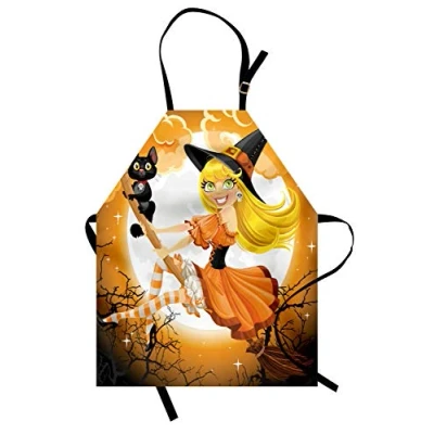 Image of ABAKUHAUS Halloween Apron, Witch Conceptual Colors, Unisex Kitchen Bib Apron with Adjustable Neck for Cooking Baking Gardening, Orange