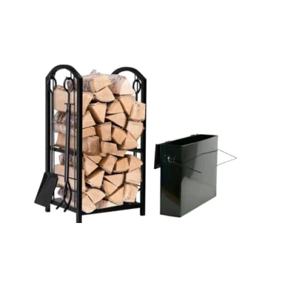 Image of Trendi Fireplace Log Rack 16 x 29.2 12inch with 4 Tools + Black Ash Tidy Box Indoor Wood Stove Outdoor Heavy Duty Stacking Storage Kit for Tool