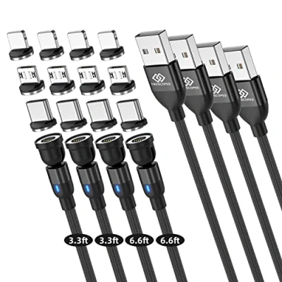 Image of Trescopes Magnetic Fast Charging Cable, [4 Pack], 540 Rotating Heads. Data Transfer. Micro USB, Type C, compatible with all Smartphones. USB C Charger