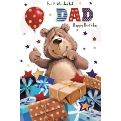 Image of Dad Birthday Card Bear Holding Balloon with Stars and Gold Foil 9&quot; x 6&quot;