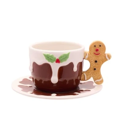 Image of The Seasonal Gift Co Novelty Glazed Ceramic Christmas Gingerbread Icing Cup &amp; Saucer Funny Whimsical Gifting Homeware Present Perfect for Xmas Winter Season Dining/Kitchen.