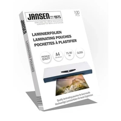 Image of Jansen A4 Laminating Pouch, 75/80mic, Pack of 100, Gloss, Packaging May Vary
