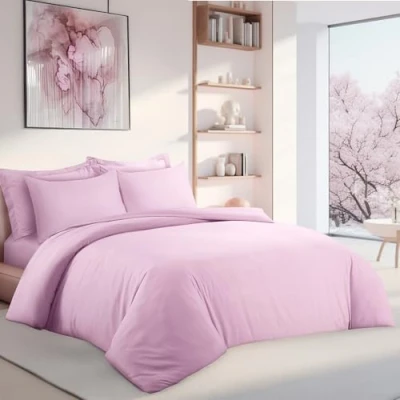 Image of LYMA Bedding Duvet Cover Set King Plain, OEKO TEX Certified, Ultra Soft NanoPlush Double Brushed Quick Dry Fabric Button Closure, Wrinkle Fade Resistant Quilt with Pillowcases (Light Pink)