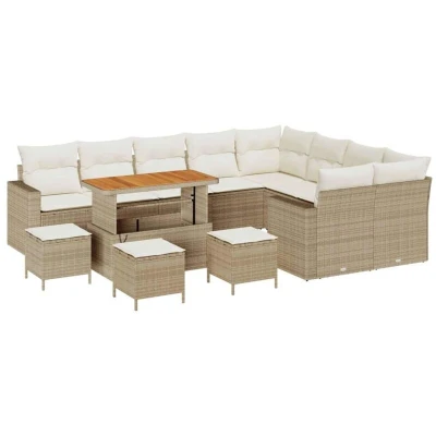 Image of vidaXL 13 Piece Garden Sofa Set with Cushions Beige Poly Rattan Acacia