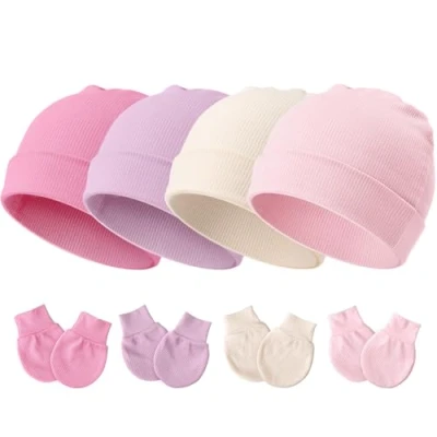 Image of DRESHOW Newborn Baby Hats and Mittens Set Nursery Hospital Caps Beanies Bonnets Infant Hat No Scratch Gloves for 0 6 Months Boys Girls