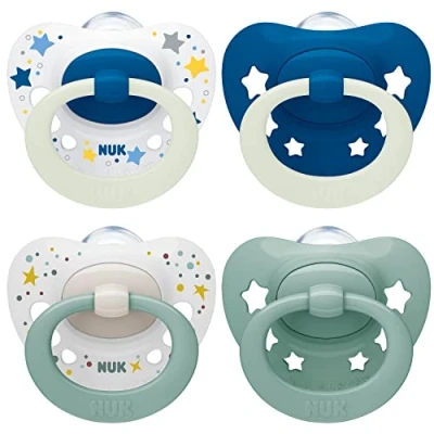 Image of NUK Signature Day &amp; Night Baby Dummy 0 6 months Soothes 95% of Babies Heart Shaped BPA Free Silicone Soothers Glow in the Dark Stars 4 Count