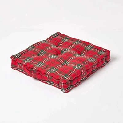 Image of HOMESCAPES Edward Tartan 100% Cotton Floor Cushion Red Green 40 x 8 cm Square Indoor Garden Dining Chair Booster Seat Pad