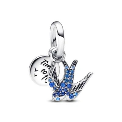 Image of Pandora Moments Swallow sterling silver double dangle with night blue, skylight blue and stellar crystal