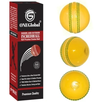 Image of ONEGlobal Incrediball Soft Practice Cricket Ball Outdoor &amp; Indoor Rubber With Core Stitched Seam For Honing Skills Family Fun (3 Yellow+Green Seam)