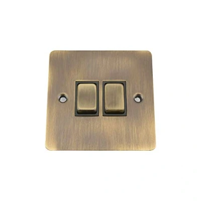 Image of ANTIQUE BRASS FLAT Switch 2 Gang Black Insert Metal Rocker
