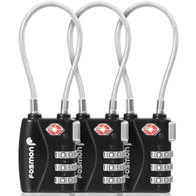 Image of Fosmon TSA 3 Digit Combination Cable Padlock: Suitcase, Travel Backpack, Locker Secure All Luggage, Bike, Gate, Shed Black Pack of