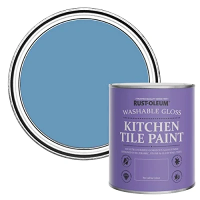 Image of Rust Oleum Blue Water Resistant Kitchen Tile Paint in Gloss Finish Cornflower 750ml