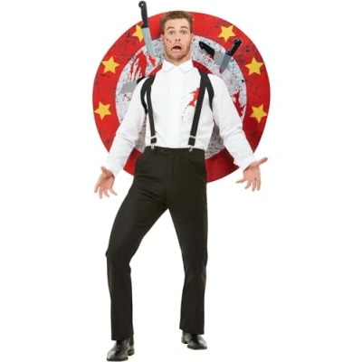 Image of Smiffys Deluxe Knife Thrower Costume, Red &amp; White with Shirt, Braces, Target Board Velcro Knives, Circus Fancy Dress, Jester Dress Up Costumes