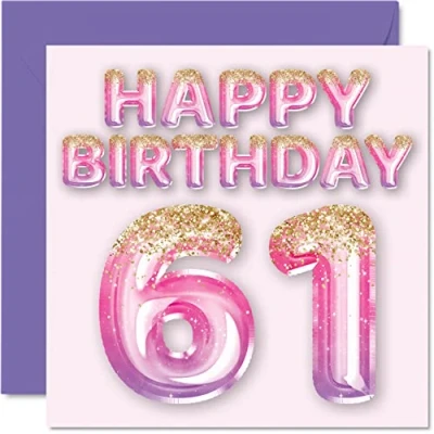 Image of 61st Birthday Card for Women Pink &amp; Purple Glitter Balloons Happy Cards 61 Year Old Woman Mum Nanny Grandma Gran Auntie, 145mm x Sixty One First Bday Greeting Gift