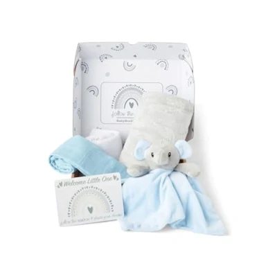Image of Baby Box Shop 5 Newborn Essentials Ideal as Shower Gifts &amp; Christening for Boys, Includes a Blue Elephant Comforter, Fleece Blanket, 2X Muslin Cloths Gift Message Card