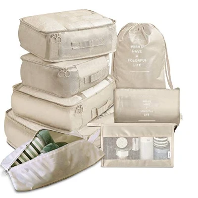 Image of Travel Packing Cubes, Toifucos Multifunction 8pcs/set Cubes Luggage Organiser Waterproof Compression Suitcase Bag Essential Bag, Beige