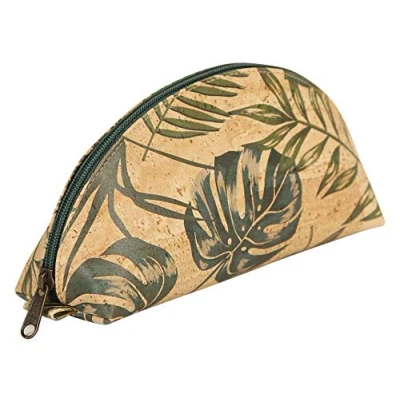 Image of Clairefontaine Ref 420017C Cork Large Oval Pencil Case (Vegan Certified) 27 x 7.5 10.5cm, Made From Real Material, Metal Zip &amp; Pull Tab Palm Tree