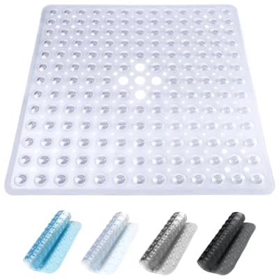Image of ADOV Shower Mat, Non Slip Square Bath Mat Antibacterial Rubber 53 x 53cm/ 100 40cm, Anti Mould Safety Bathroom with Suction Cups Griping, Drain Holes (Clear, 53x53 cm)