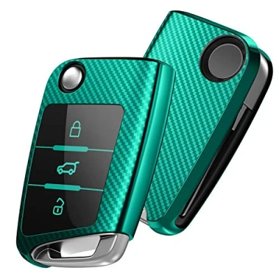 Image of OATSBASF Car Key Cover Compatible with VW,Car Case for VW Golf 7 Polo Skoda Seat TPU Silicone 3 Buttons Box (Green Stripe)