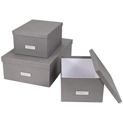Image of Bigso Box of Sweden Set 3 Storage Boxes with Lids Organiser for Clothes, Office Equipment and More Wardrobe Labels Bedding or Seasonal Clothing Grey