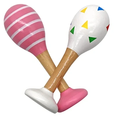Image of PREMYO Baby Rattle Maracas Wooden Musical Instruments for Toddlers Newborn Sensory Toys Triangles Stripes Pink