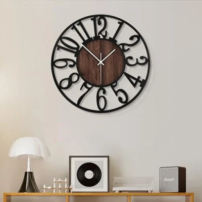 Image of HAITANG Large Wall Clocks,Silent,Non Ticking,Battery Operated Small Vintage Round Modern Wood Clock for Living Room, Bedroom,Kitchen,Farmhouse,Office Decor 14 Inch(34cm, Black Arabic Number)