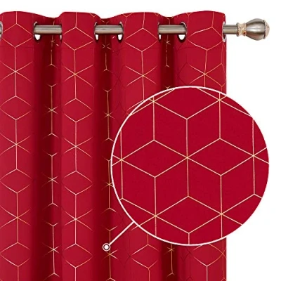 Image of Deconovo Functional Blackout Curtains Eyelet Thermal Insulated Gold Diamond Printed for Bedroom Red W52 x L54 Inch One Pair