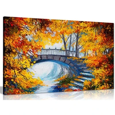 Image of Abstract Oil Painting Autumn Forest Bridge Canvas Wall Art Picture Print (36x24in)