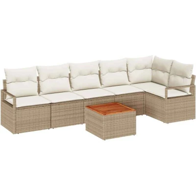 Image of vidaXL 7 Piece Garden Sofa Set with Cushions Beige Poly Rattan Acacia