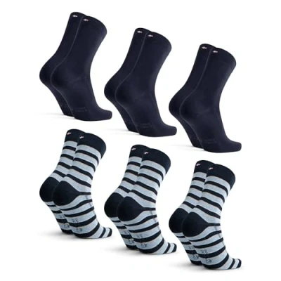 Image of DANISH ENDURANCE Mens Socks, Organic Cotton, Soft, Breathable, Ladies Everyday, Unisex, 3 or 6 Pack, Multicolor (3xNavy, 3xNavy Stripes), 9 12