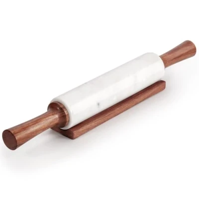 Image of EHC Marble Rolling Pin for Baking with Acacia Wood Stand, Non Stick Surface Pizza Dough, Naan Bread and Pastry, Durable Kitchen Accessory, Perfect Bakers &amp; Chefs Tool White