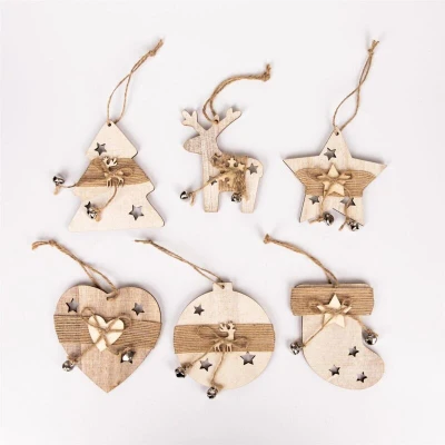 Image of Christmas Tree Ornaments Wooden Aesthetic Hanging Decorations set of 6 pcs with Bells Xmas DIY Holiday Home Décor Stocking, Bauble, Heart, Tree, Reindeer, Star Shape pieces(8cm)