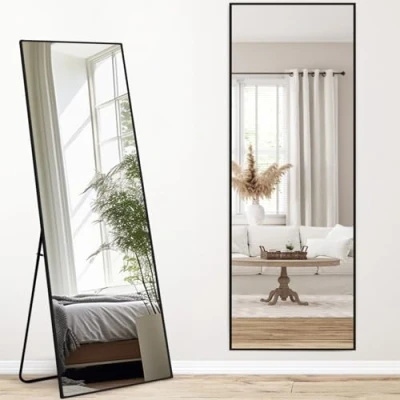 Image of Melodieux Full Length Mirror 161 x 52 cm Large Freestanding Black Aluminium Frame Dressing Wall Mounted Hanging Leaning for Living Room Bedroom