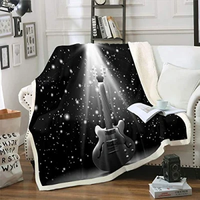 Image of Guitar Sherpa Throw Blanket Modern Rock Music Theme Fleece for Bed Sofa Couch Black Gray Musical Pattern Plush Ultra Soft Instrument Print Decor Fuzzy King 87&quot;*94&quot;