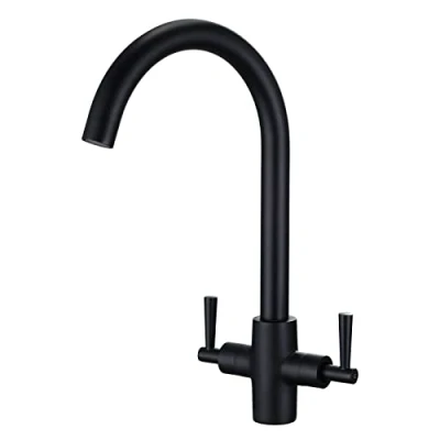 Image of Matt Black Kitchen Taps Dual Lever Monobloc Sink Tap Mixer 360 Swivel Spout Twin for 1 Hole Peppermint