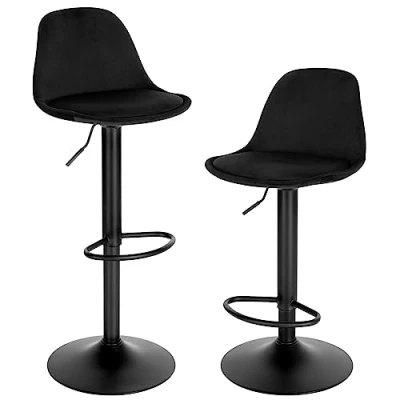 Image of EUGAD Swivel Bar Stools Set of 2 Height Adjustable Stools, Breakfast Chairs Kitchen Velvet Barstools with Footrest, Backrest, Metal Base, High Black, 1050BY UK