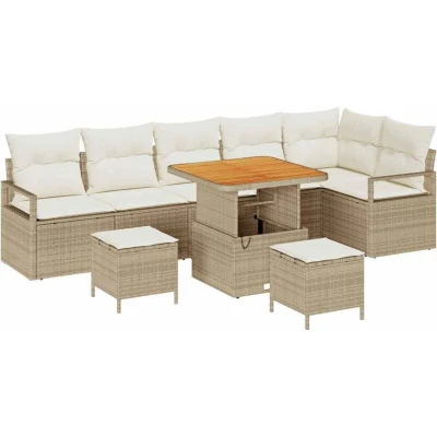 Image of Vidaxl 9 Piece Garden Sofa Set with Cushions Beige Poly Rattan Acacia