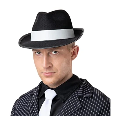 Image of Felt Gangster Hat Black with white band Adult Fancy Dress Accessory