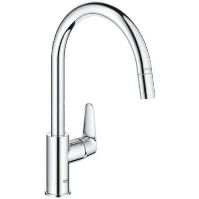 Image of GROHE Start Curve QuickFix Extendable Kitchen Mixer Tap with Pull Out Function (High C spout, 360 Swivel Area, 28 mm Ceramic Cartridge, Tail 3/8 Inch, High Pressure), Size 357mm, Chrome, 30562000